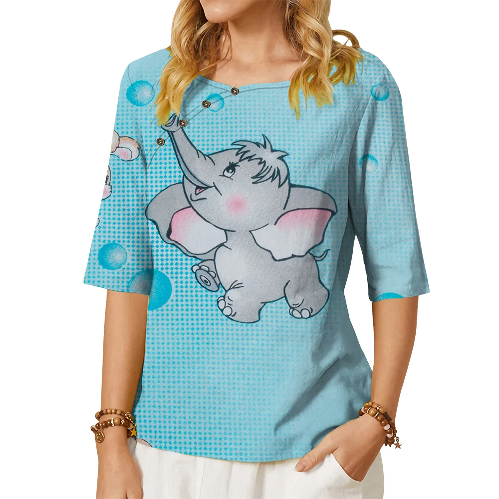 

CLOOCL Women T-shirt Happy Elephant Pattern 3D Printed Button Decorate Crew Neck Middle Sleeve Tee Casual Blouse Kawaii Clothes