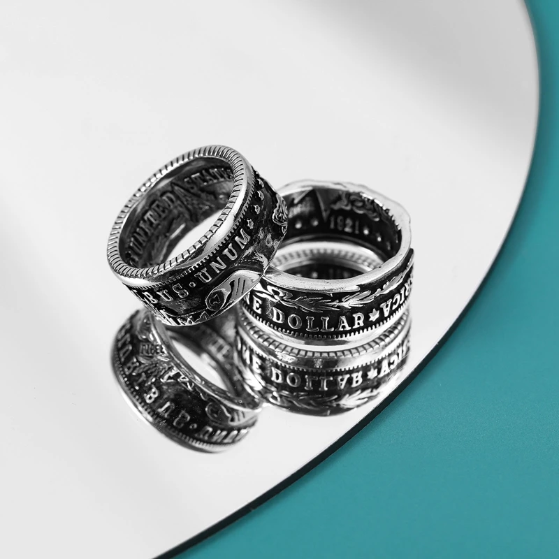 Silver Ring Morgan Silver Dollar Coin Ring 'Heads' Silver Plated Handmade Women Men Vintage Punk Personality Coin Rings Fashion Jewelry