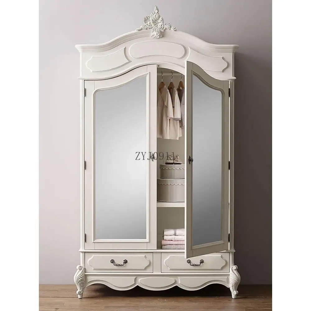 **French Solid Wood Wardrobe Home Bedroom Children's Double Door Drawer Wardrobe American White Girl Room Small Storage