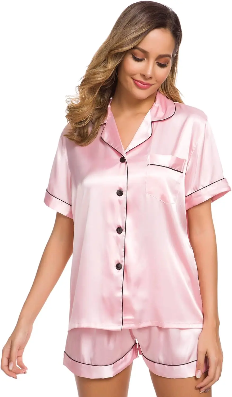 SWOMOG Women's Silk Satin Pajama Set – Short Sleeve Button-Down Top & Shorts, Loungewear, XS-3XL