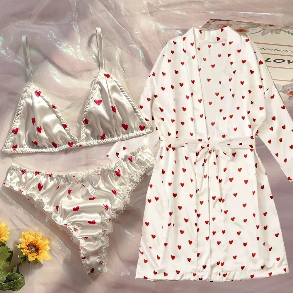 Print Sweetheart Pajamas Set Woman Bra Sleepwear With Robe Sexy Lace Lingerie Bathrobe Silk Satin Home Clothed Nightwear Robe
