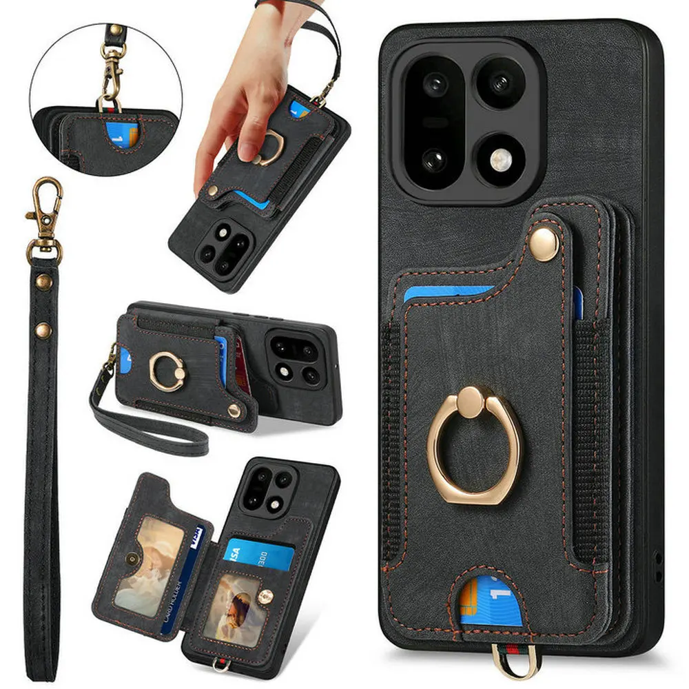 RFID-Blocking Leather Wallet Case with Magnetic Back and Ring Stand