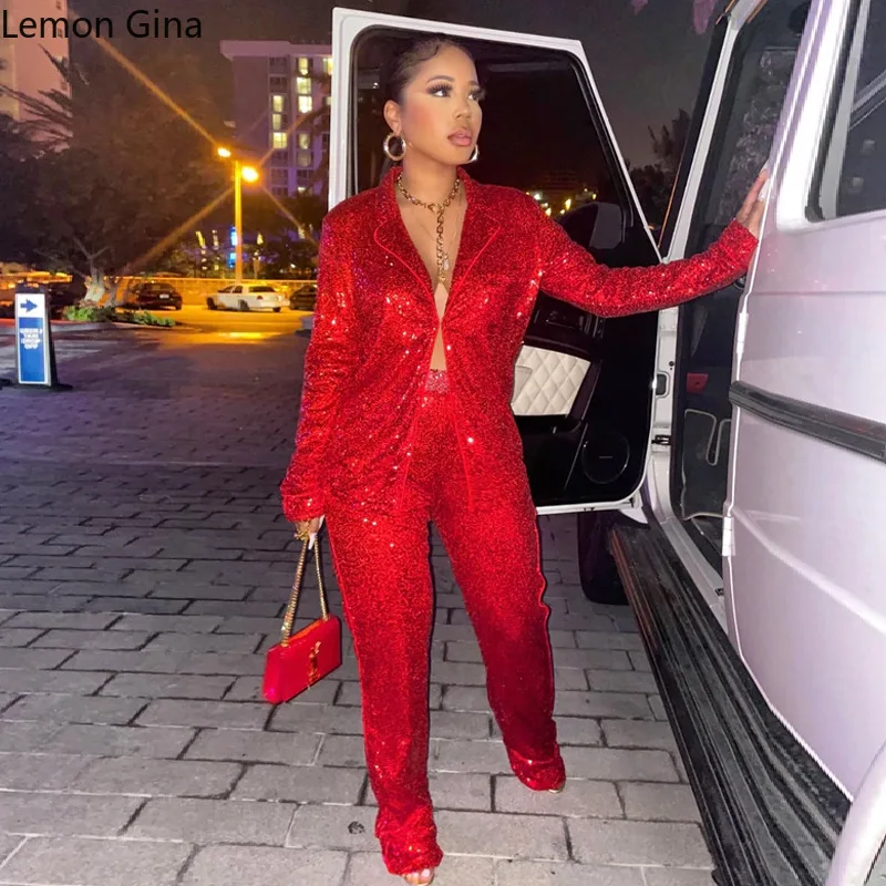 Lemon Gina Elegant Sequins Women's Set Blazer Shirt and Wide Leg Pants 2022 Sexy Party Evening Night Two 2 Piece Outfits |