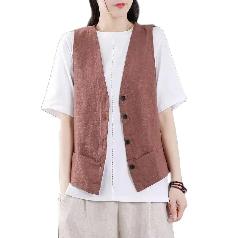 Womens Casual Cotton Linen Vest Waistcoat Sleeveless Coats Long Jackets Loose
