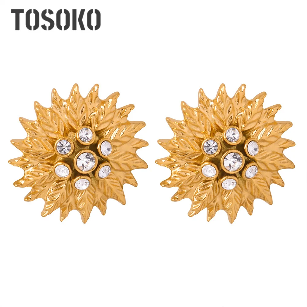 

TOSOKO Stainless Steel Jewelry Sun Shaped Leaf Texture Inlaid With Zircon Titanium Steel Earrings BSF1094