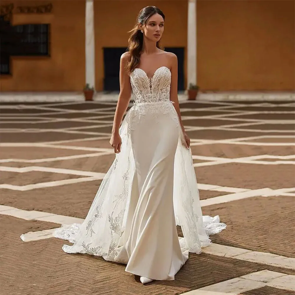 

Bohemian Mermaid Satin Wedding Dresses For Women Sweethearts Lace Detachable Train Button Bridal Gown Sexy BacklessML-017
