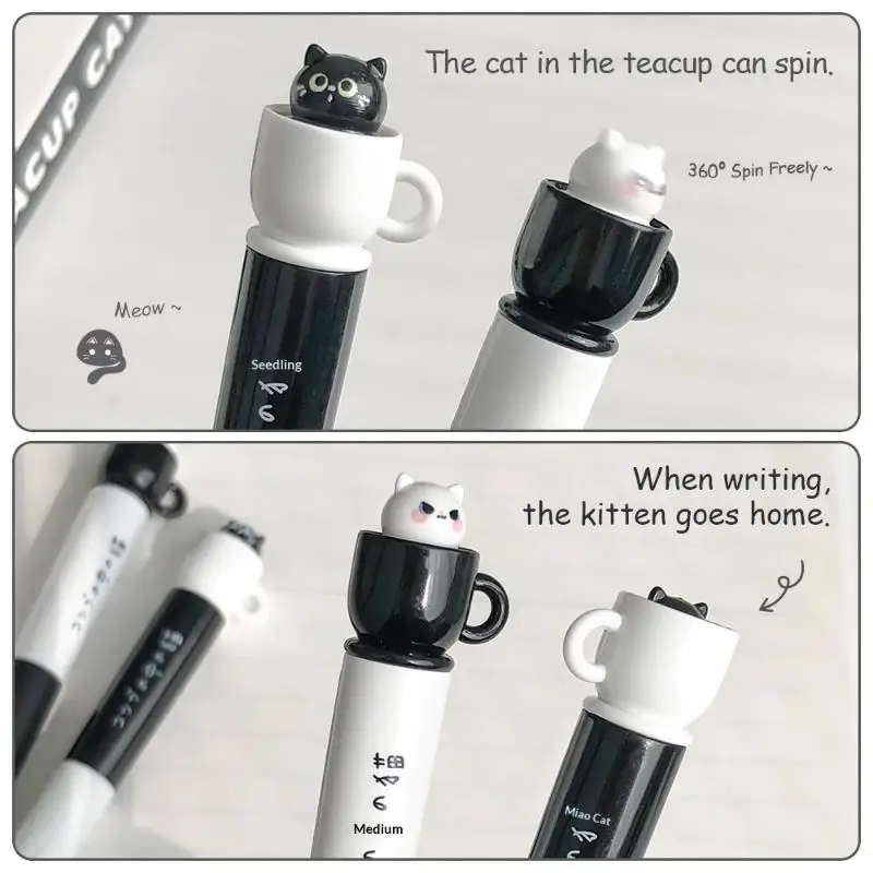 귀여운 찻잔 고양이 0.5mm 젤 펜 재미있는 동물 캐릭터 퀵 드라이 회전식 포켓 펜 (학교 및 사무실용)