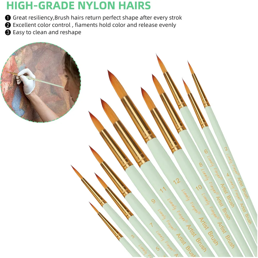 12 pcs Professional Paint Brush Round Pointed Tip Nylon Hair Artist Acrylic Brush for Acrylic Watercolor Oil Painting Body Paint 4