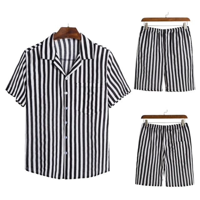2022 New Men Casual Sets Striped Tracksuit Mens Streetwear Hawaiian Two Pieces Set Shirts Beach Shorts Sports Suit Loose Clothes 4