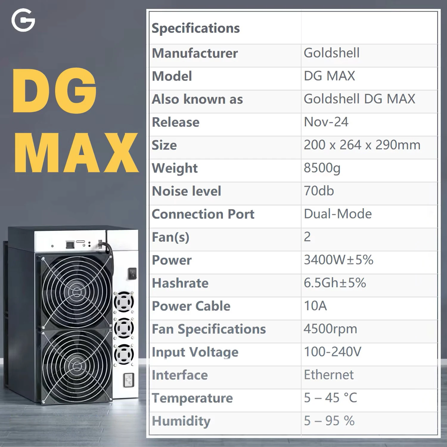 새로운 Goldshell DG MAX Doge 광부 6500Mh/s 3400W LTC Doge 코인 광부 Scrypt 알고리즘 DG Max Goldshell Dogecoin 광부 기계