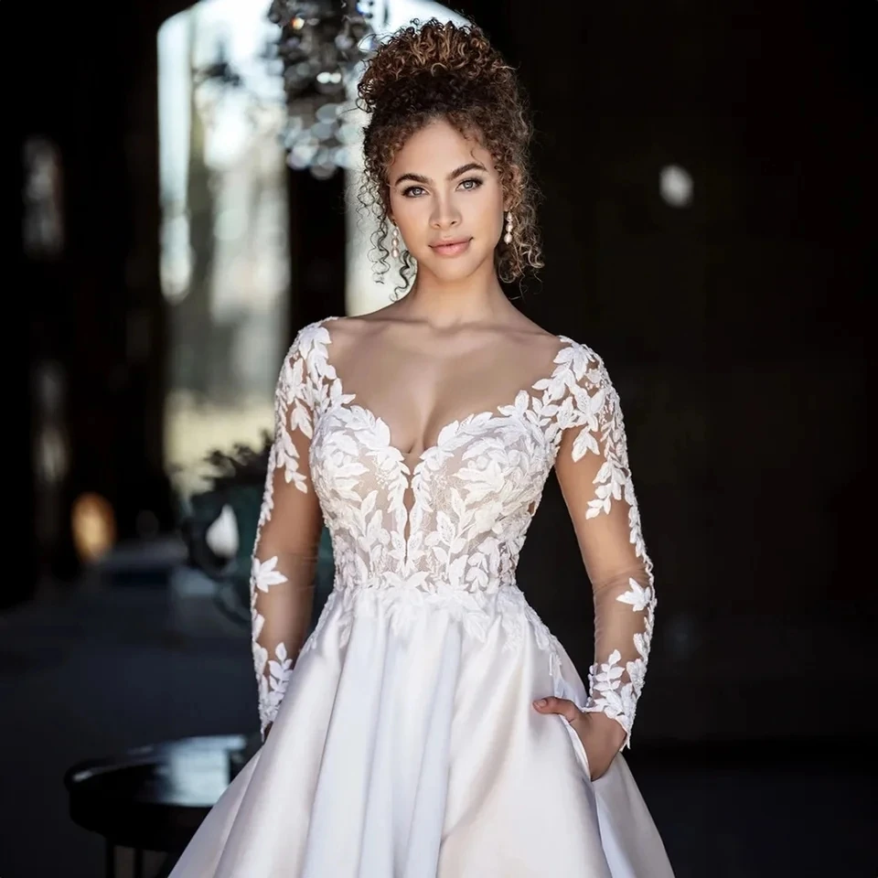 SoDigne Backless Boho Wedding Dresses With Pockets Long Sleeves V Neck Lace Bridal Dress Satin Bride Gowns Customized 19 S1d69104f328a48e982c5b5d12b5596f5j