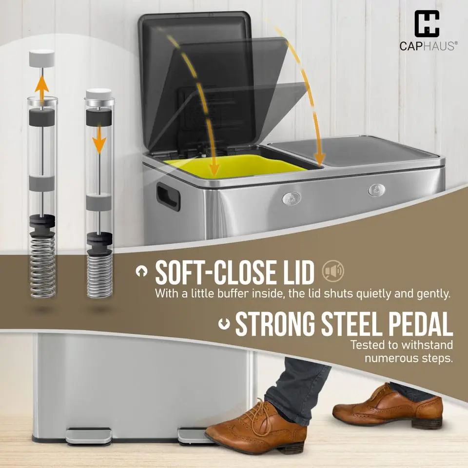 Double Lid, Trash & Recycle Bins Combo, Hands-Free Stainless-Steel Garbage Can for Kitchen, with 2 Compartment, Hinged Lid, Odor