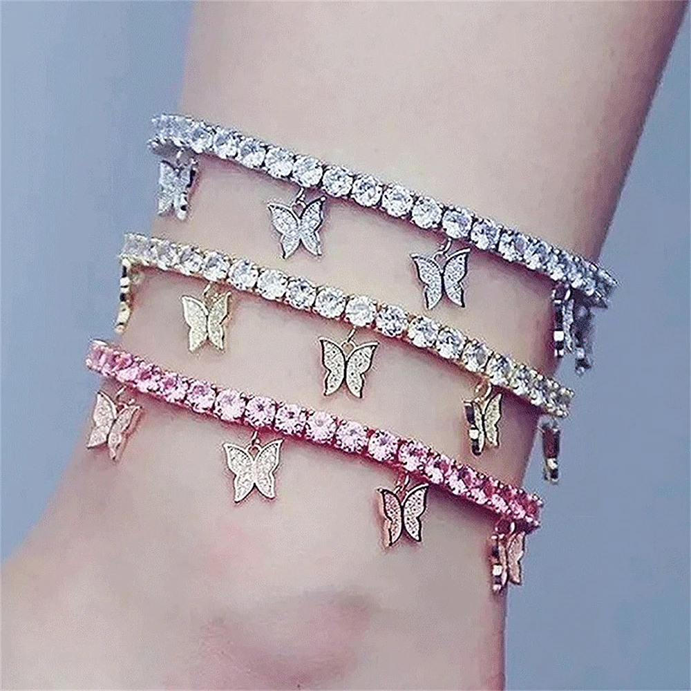

Fashion Women Gold Butterfly Pendant Ankle Bracelet Summer Beach Bling Bling Diamond Tennis Anklet For Girlfriend Gift