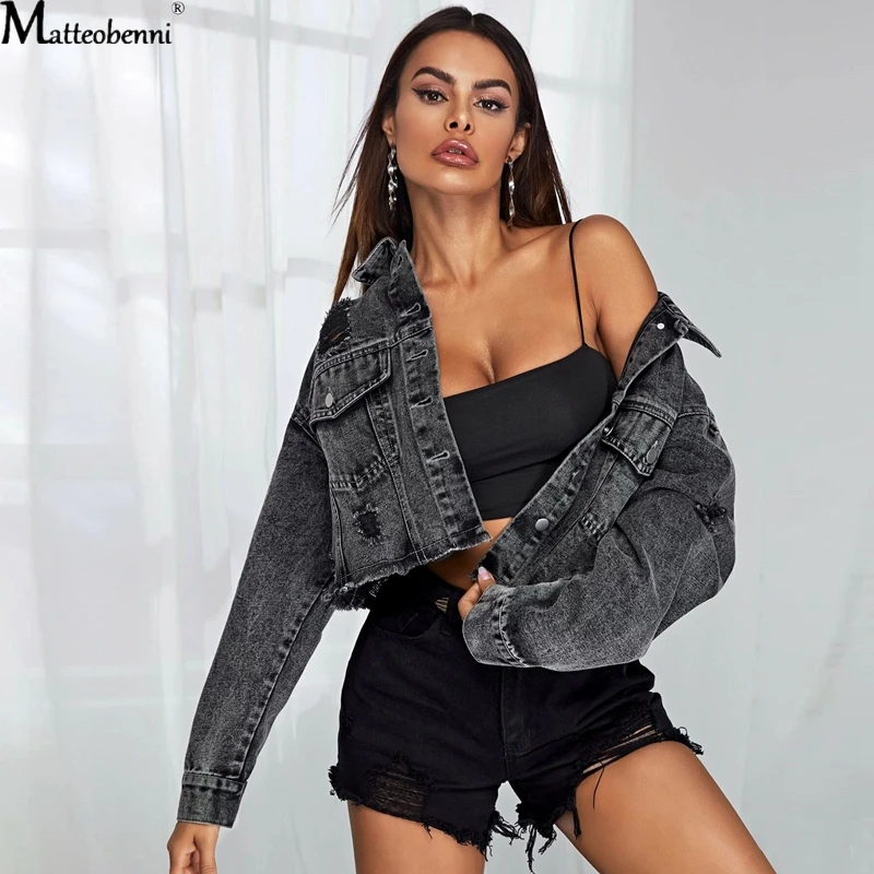 Autumn Women Sexy Ripped Denim Jackets Vintage Casual Short Jean  Long Sleeve Winter Female Fashion Frayed   samlona plus size men s patchwork jeans sexy fashion denim pants casual suspender demin rompers 2022 summer frayed jean overalls