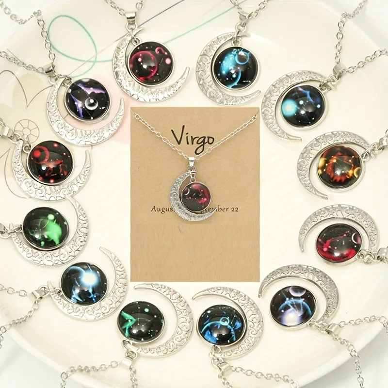 1pc Retro Glow-in-the-Dark Zodiac Moon Pendant Necklace Vintage Zinc Alloy Glass Accents Adjustable Chain for Women Gift Jewelry 6 S1d69496ae456425a8d885621fc1181c09