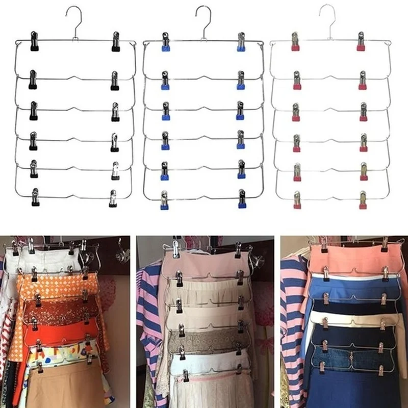 1PCS 6 Layer Clothes Hangers Multilayer Skirt Trouser Hanger for Pants Non Slip Metal Hanger Clips Clothing Storage Rack Holder