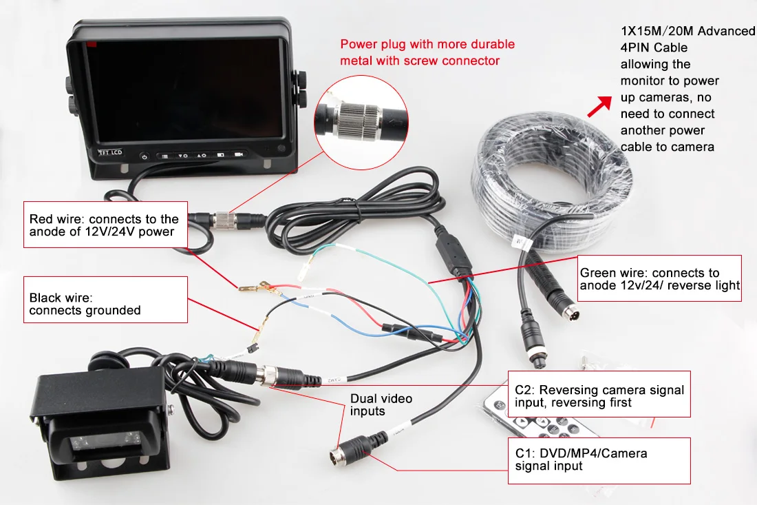Waterproof 12-32V Volt Backup Reverse Camera System For Truck Cargo School Bus Heavy Duty Vehicle
