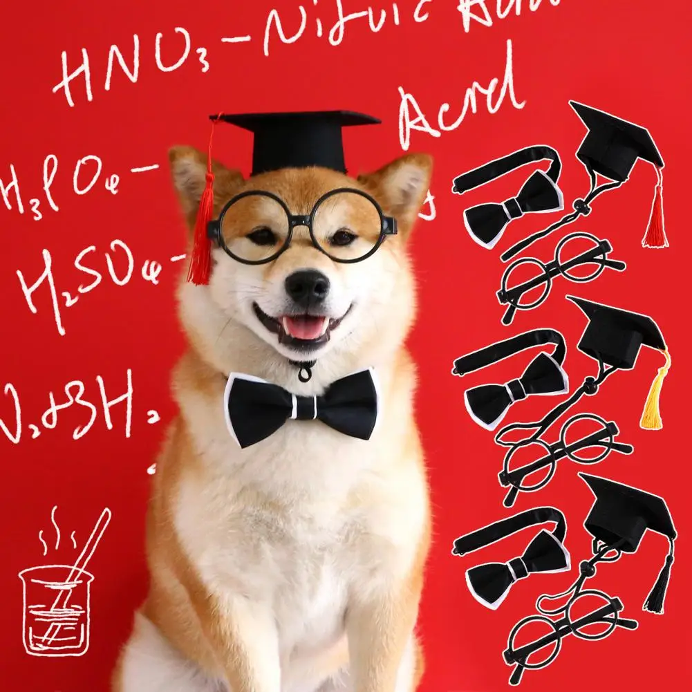 1 Set Pet Graduation Suit Adorable Adjustable with Tassel Felt Pet Cats Dogs Cosplay Hat Collar Glasses Set Pet Accessories 4