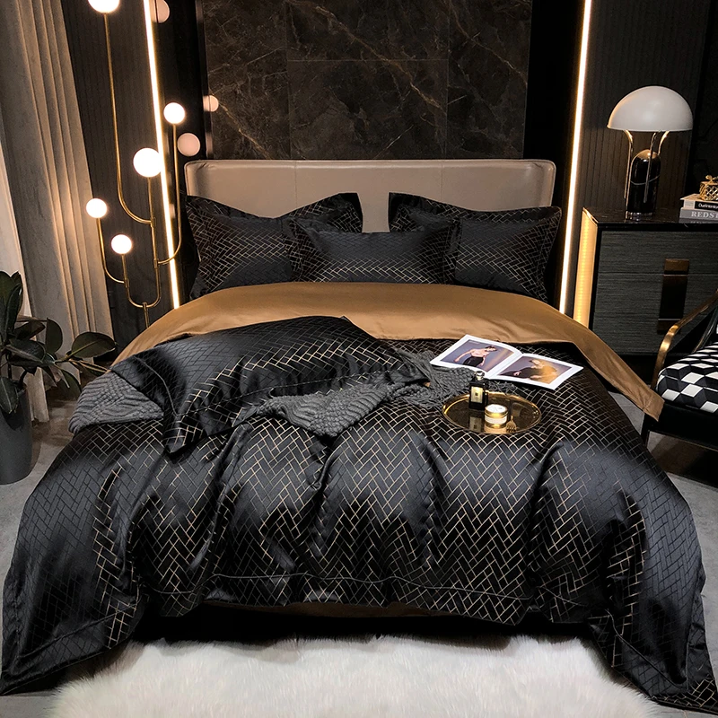 

New Luxury Black Gold Yarndyed Jacquard Egyptian Cotton Bedding Set with Satin Smooth Duvet Cover Flat/Fitted Sheet Pillowcases