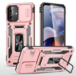 Enhanced Protective Case with Sliding Camera Cover and Metal Ring Stand for Motorola Moto G54 (Rose Gold)