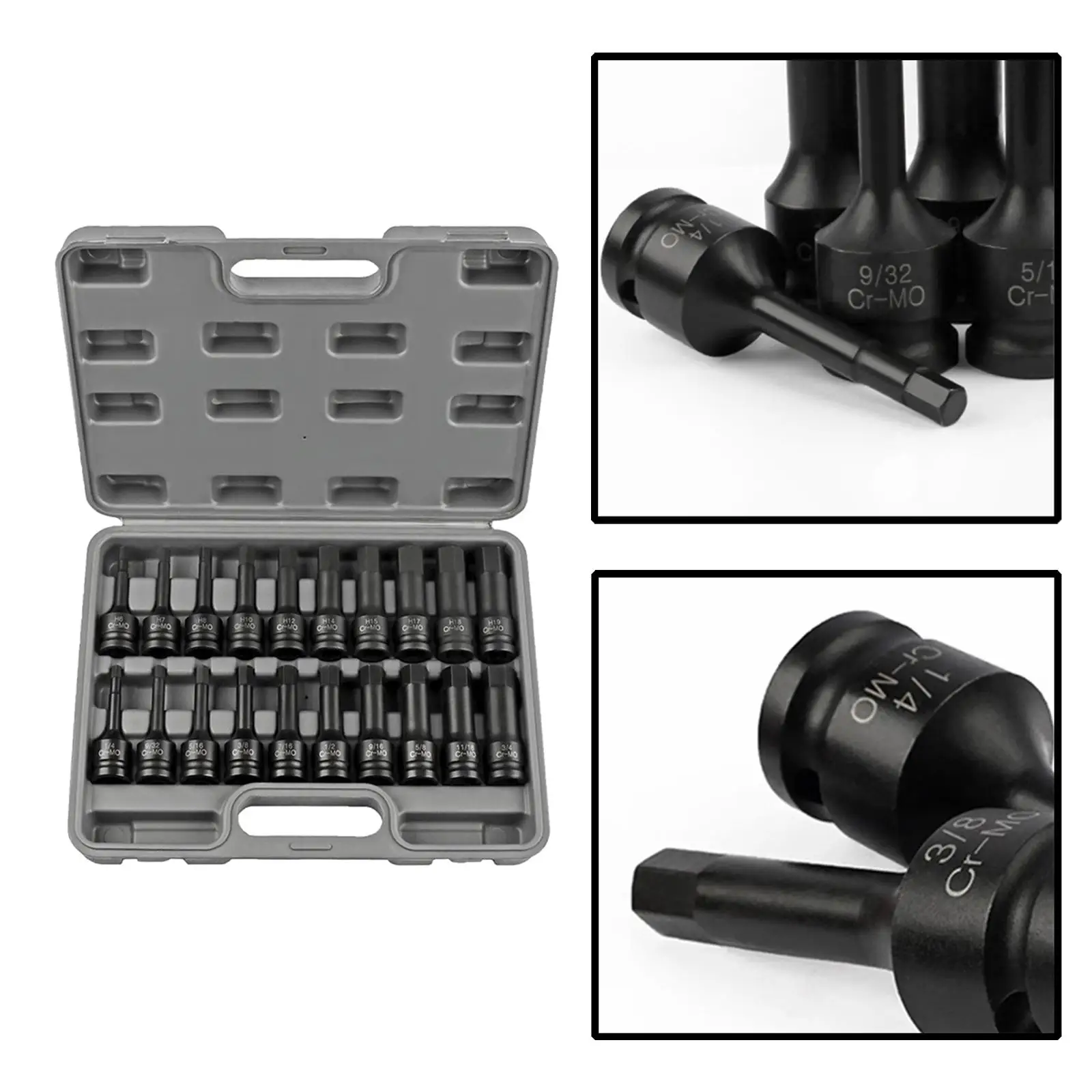

20Pcs 1/2inch Drive Master Impact Hex Driver Kit Bit Socket Black Color for Machinery 1/4"-3/4" and 6-19mm with Storage Case