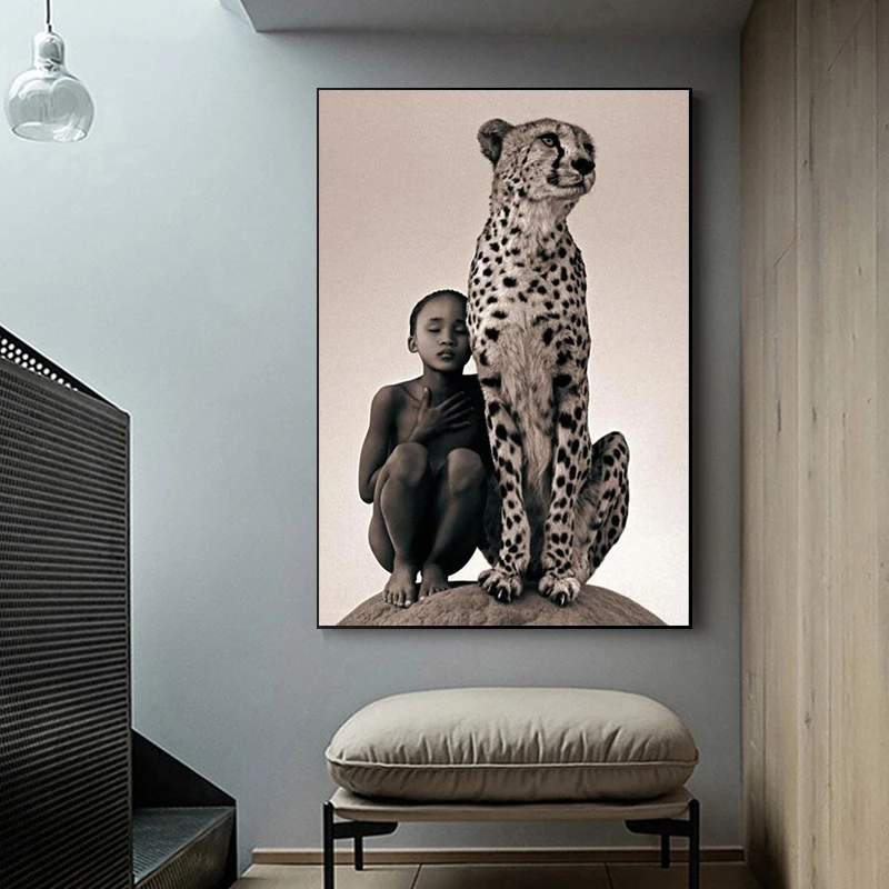 

African Child Leopard Art Posters and Prints on Canvas Painting Animal Wall Art Office Modern Home Decor Pictures Mural