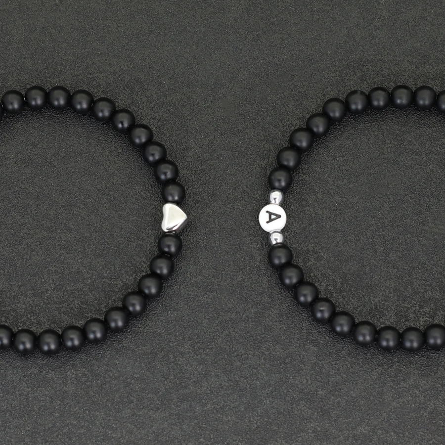Onyx Stone Beaded Couple Bracelet Heart Valentine Gift