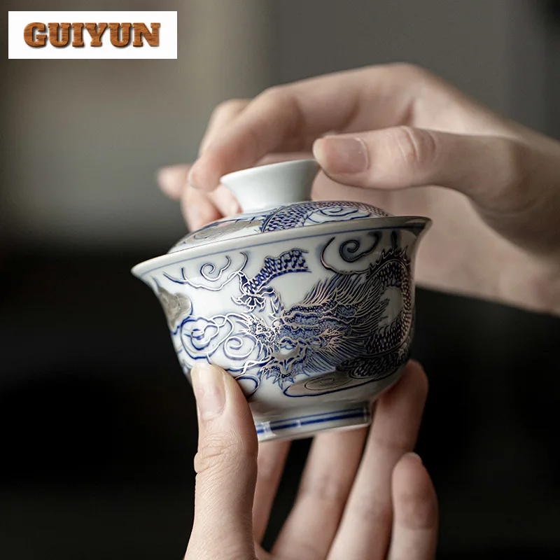 150ml Chinese Zen Dragon Gaiwan Handmade Gilded Silver Tea Bowl Tea Tureen Household Brewing Cover Bowl Cha Items Gift