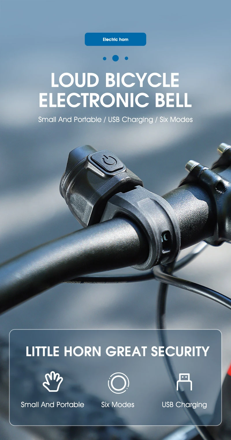 Description Picture 2 of itemWest Biking Electric Bike Bell USB Rechargable Warning Horn 6 Sound Mode Handlebar Bicycle Ring High Decibel Bike Accessories