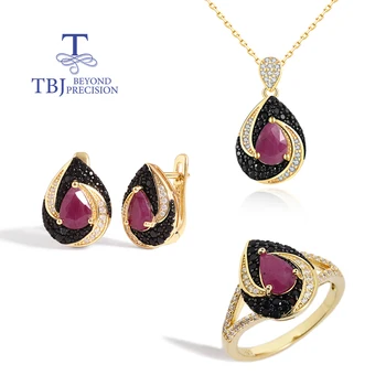 Vintage natural pear 5*7mm ruby jewelry set 925 sterling silver ring earrings pendant necklace for women's engagement party wear 1