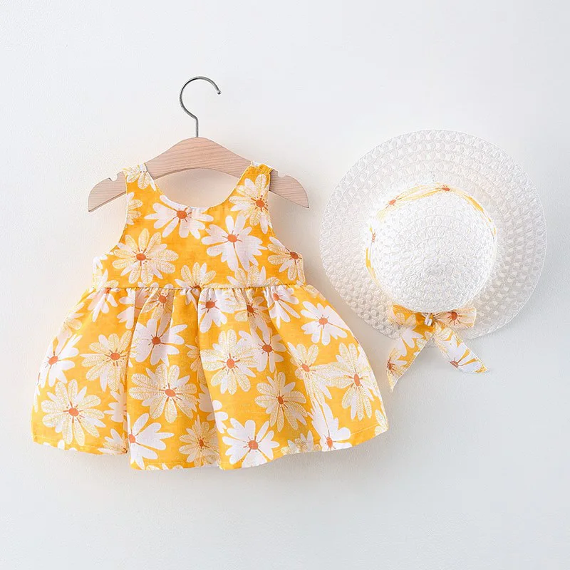 2023 léto nový děťátko šaty malý kopretina bavlna kněžna šaty velký luk závěs dětské šatstvo dar čepice