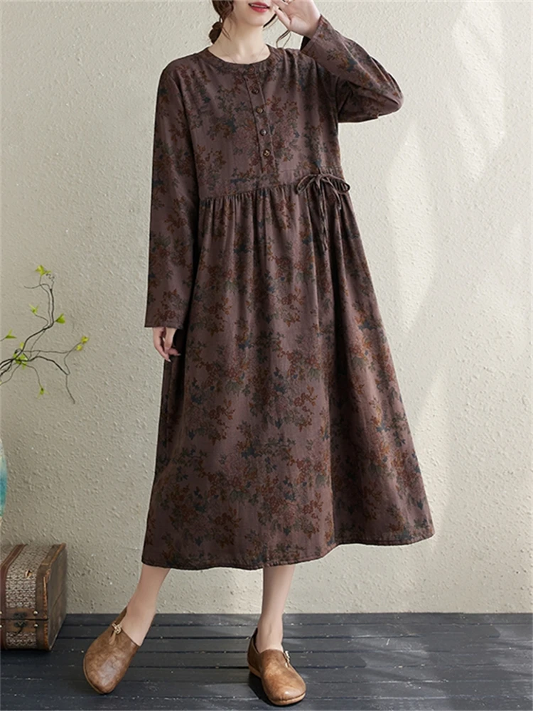 Autumn Cotton Long Sleeve Print Vintage Dresses For Women 2025 New Casual Dress Femme Robe Office Lady Work Elegant Clothing