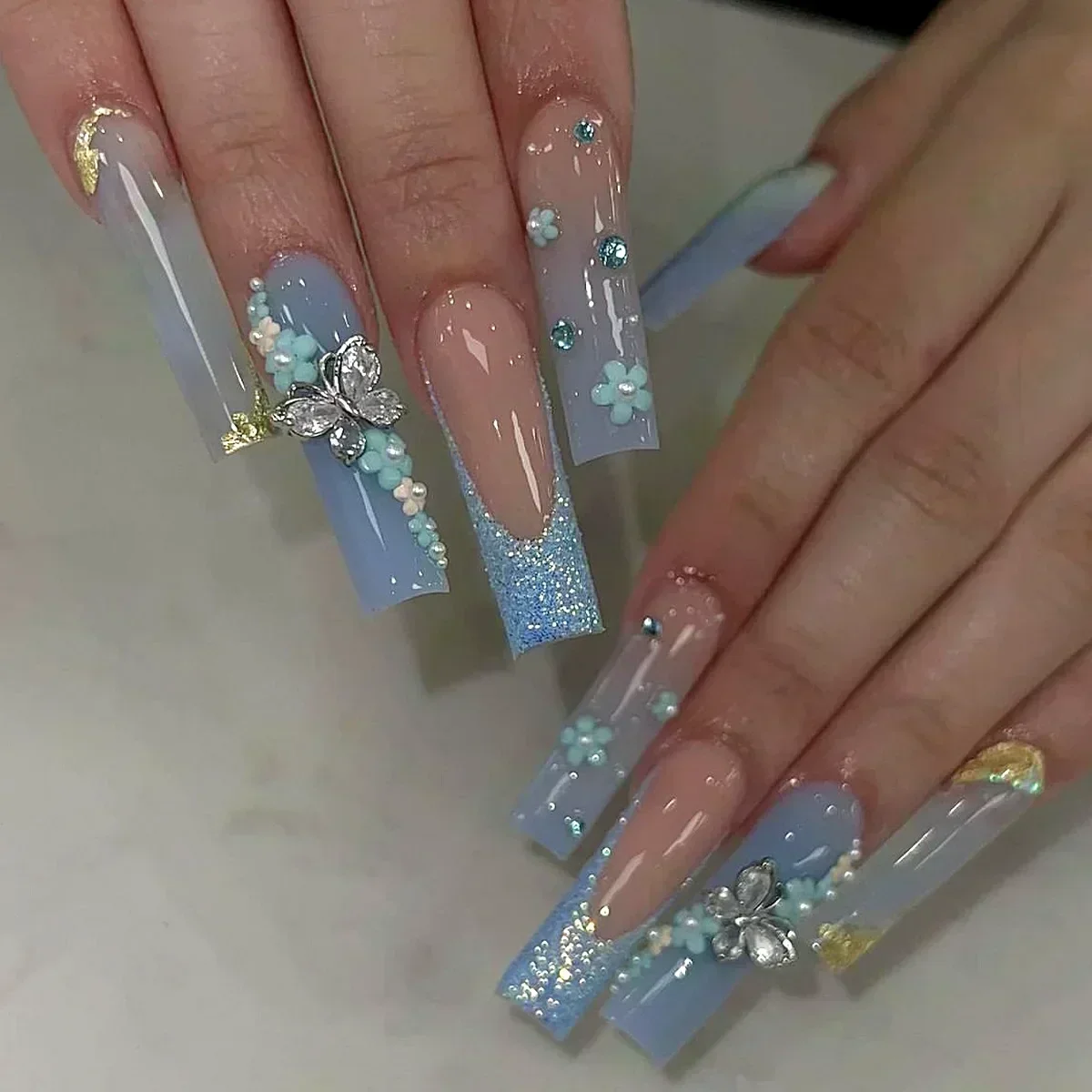 False nails 24Pcs long square press on love pattern design artificial coffin