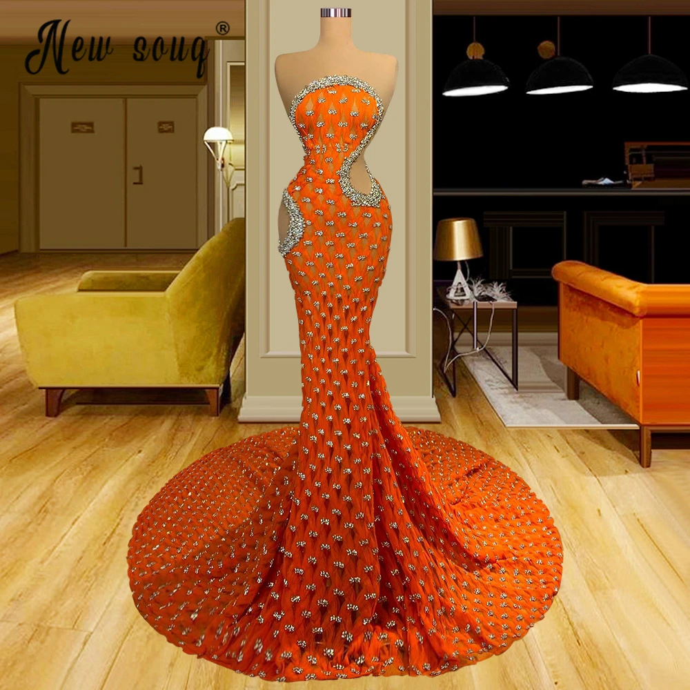 

Haute Couture Orange Luxury Evening Dress Custom Made Africa Full Heavy Beaded Crystals Formal Prom Party Gowns Special Robes