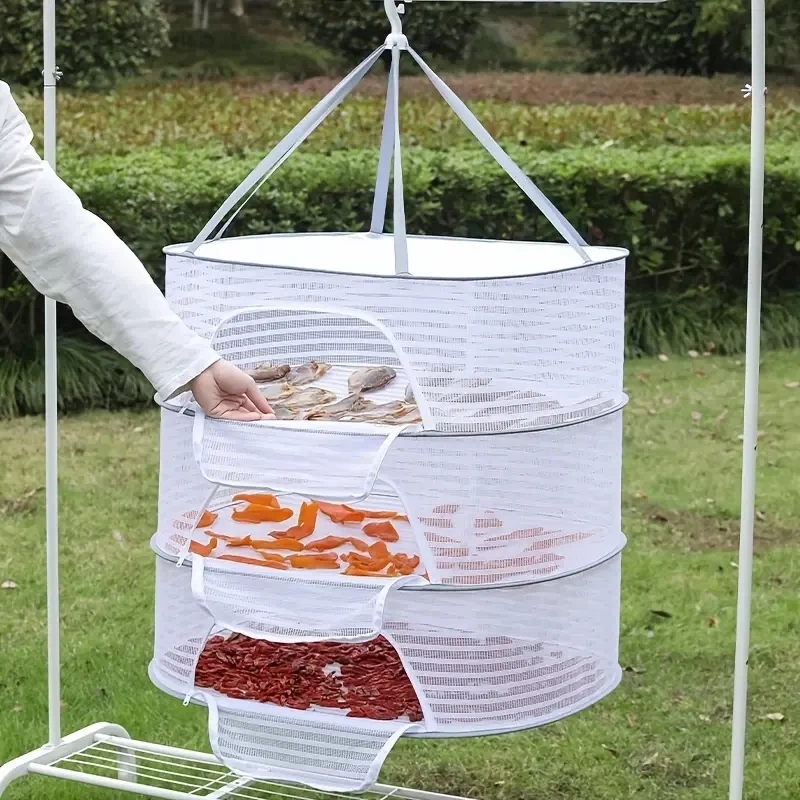 1-3 sluoksnių sulankstomas tinklelis, netoksiškas poliesterio tinklas, 1 vnt pakabinamas džiovinimo tinklas, tinka vaisių ir daržovių žolelėms, su užtrauktuku_voghion.com