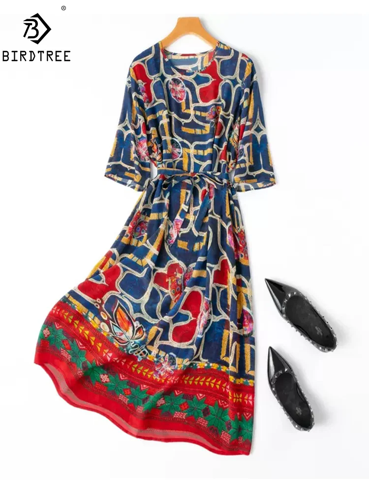 birdtree-100-real-silk-elegant-dresses-women's-3-4-sleeve-printed-retro-ol-loose-a-line-dress-2024-summer-new-d448113qm