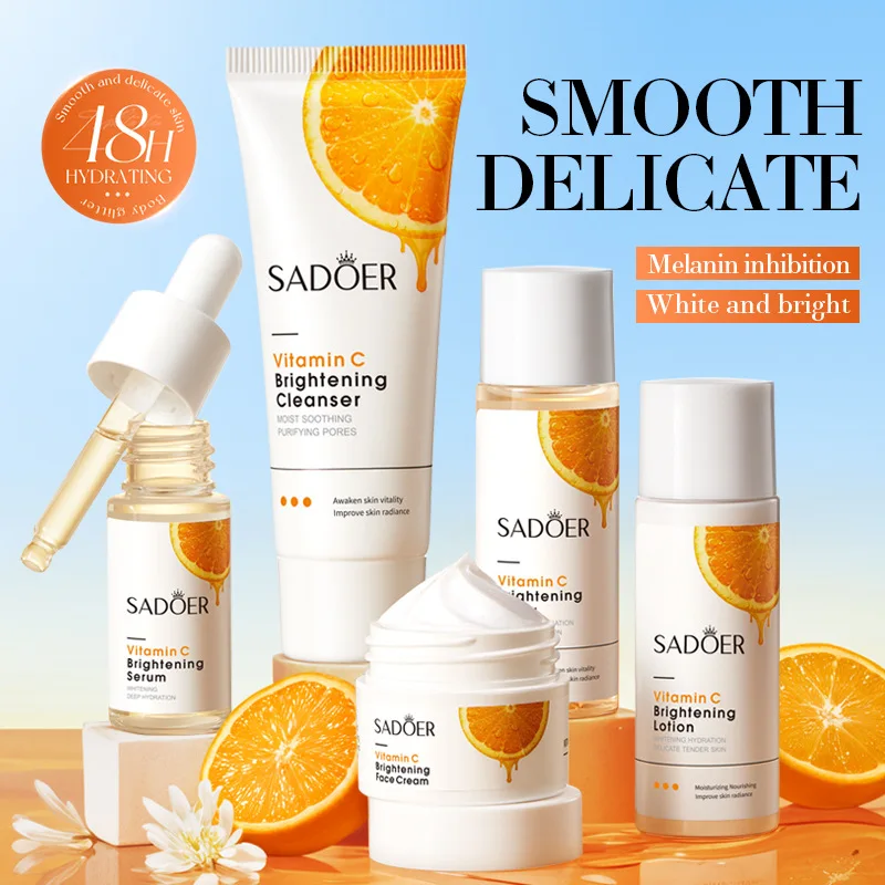 SADOER Vitamin C Skin Care Sets Facial Cleanser Toner Face Cream Serum Lotion Whitening Moisturizing Face Travel Size Skin Care