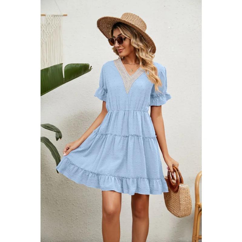 

2023 Summer Jacquard Hairball V-neck Loose Solid Color Elasticated Waist Dress Women's Miniskirt Short Dresses for Women