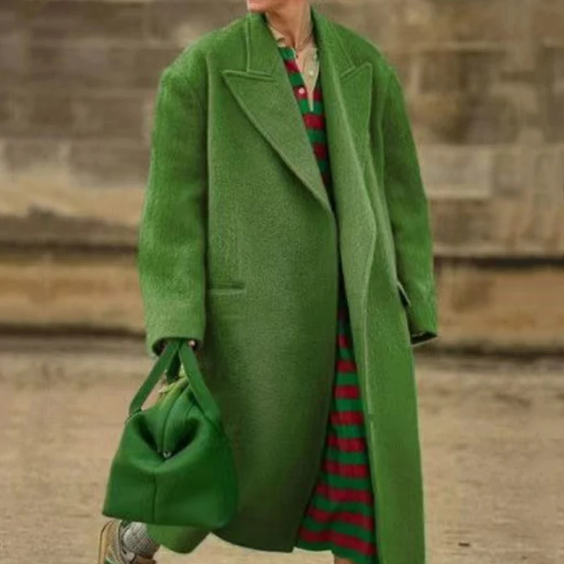 

Vintage Women Long Woolen Jacket New Casual Solid Color Overcoat Female Elegant Lapel Loose Green Wool Coat Fall Winter Clothing