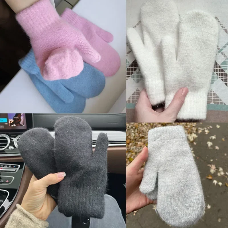 Double-layer Rabbit Hair Gloves Women Winter Korean Solid Color All Fingers Girls Mittens full finger gloves,warm gloves