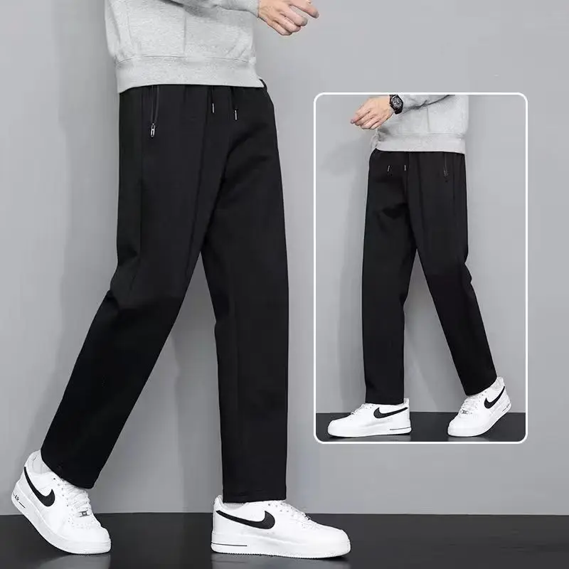 Spring Autumn Men Big Size Straight Sweatpants Fashion New Male Versatile Casual Elastic Waist Zipper Pocket Loose Trousers