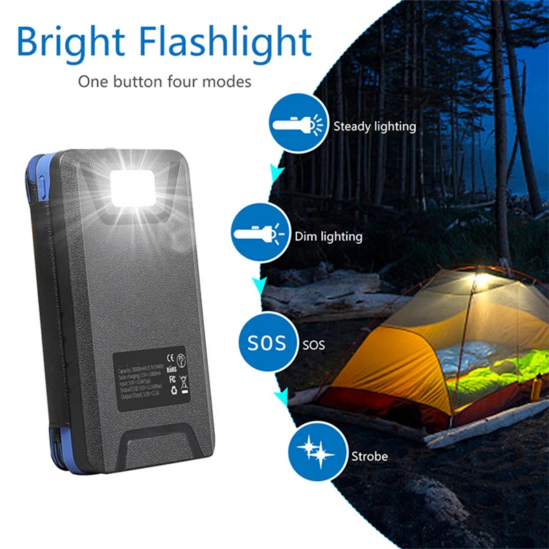 Chargeur solaire 8000 mAh, chargeur de téléphone solaire portable avec 4  panneaux solaires, batterie externe haute capacité pour smartphone,  tablette et randonnée, camping 