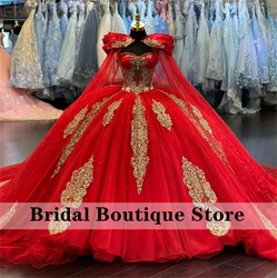 Princess Red Ball Gown Quinceanera Dresses 2024 With Cape Sequins  Appliques Beads Sweet 16 Dress Vestidos De 15 Anos Lace-Up