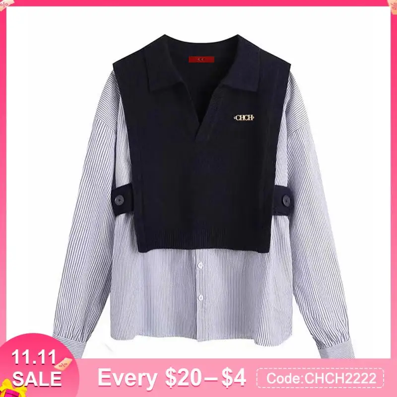 

New Women's Shirt Fashion Autumn Fake Two-Piece Pullover Contrast Color Stripe Casual Sweater Korean Style Knitted Retro Sweater