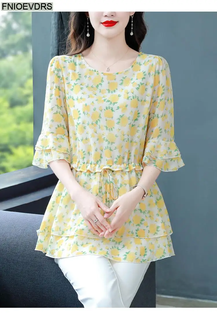 S-4XL Loose Clothes 2023 Women Summer Short Sleeve Elegant Ruffles Shirts Casual Chiffon Floral Tunic Peplum Tops And Blouses