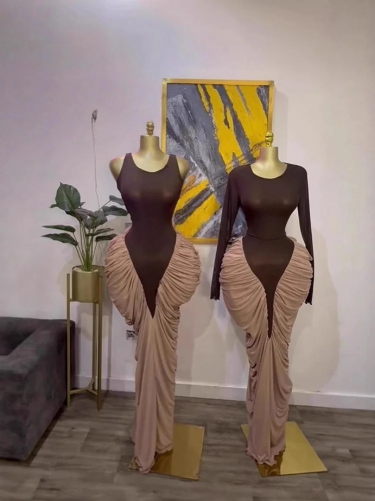 Wmstar Dress Women Party Autumn Women's Dress Is A Sexy and Elegant Round Neck Pleated Color Blocking Figure Hugging Dresses