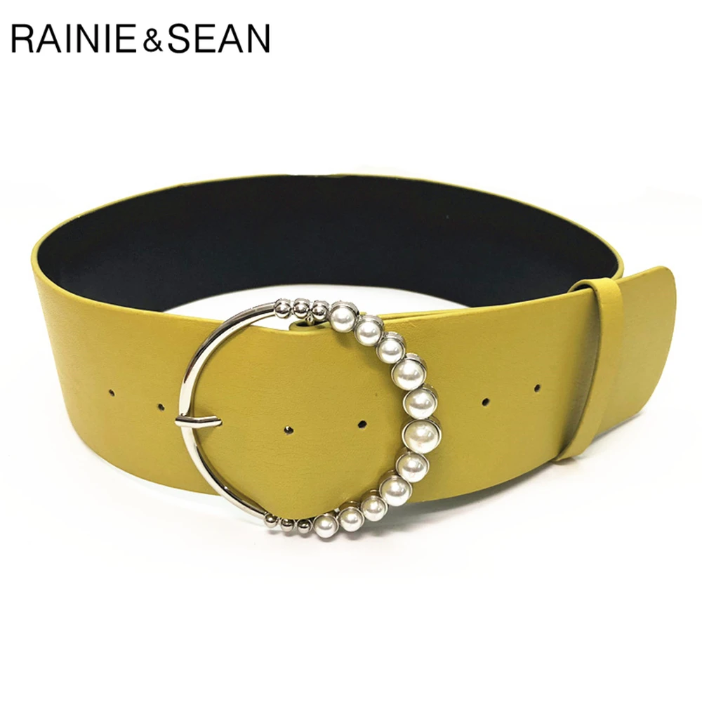 RAINIE SEAN Wide Waist Belt Women Yellow Pearl Round Buckle