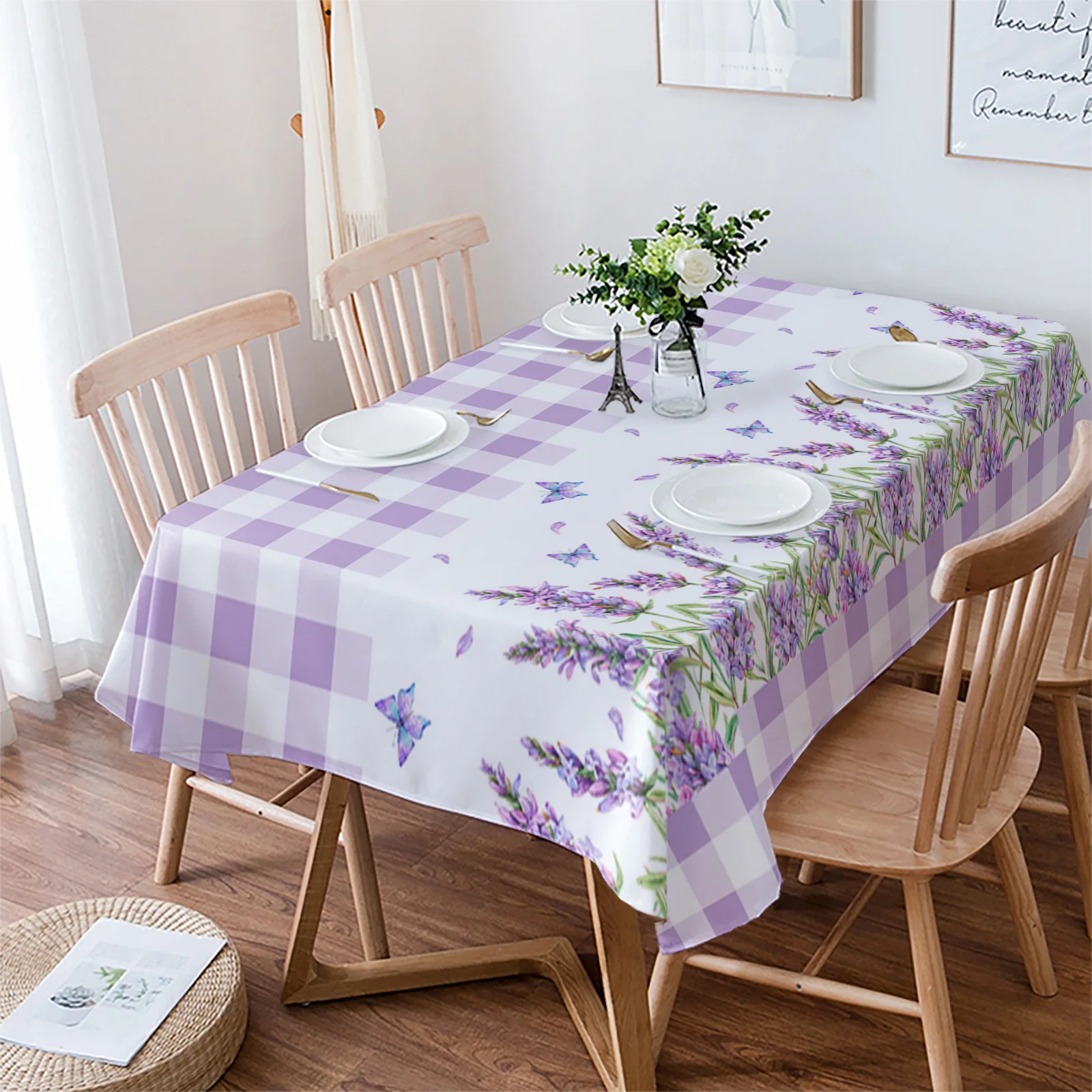 

Purple Lavender Flower Butterfly Purple Plaid Tablecloth Waterproof Dining Table Rectangular Round Home Kitchen Decoration