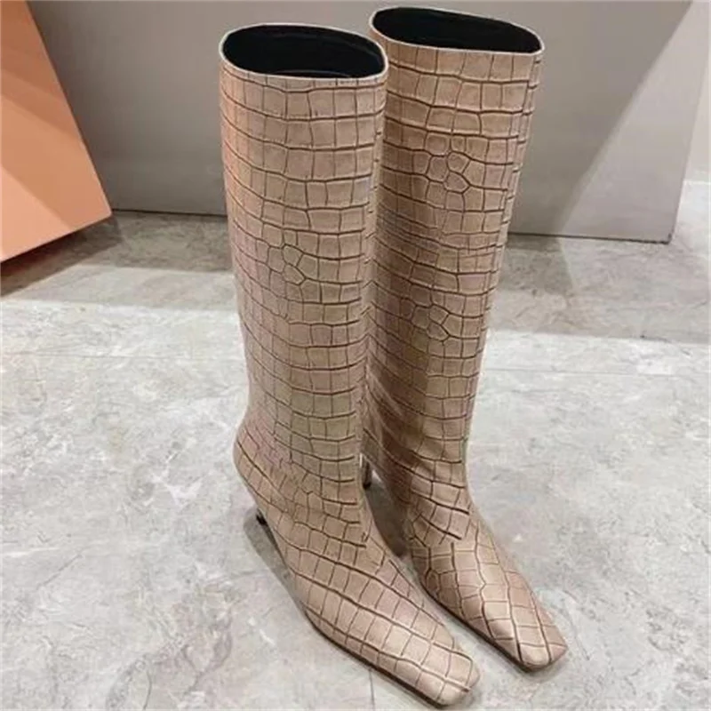 

Crocodile Pattern Shoes for Ladies Square Toes Chassure Femme Rhombus High Heels Women Sewing Lines Zapatos De Mujer Solid Botas