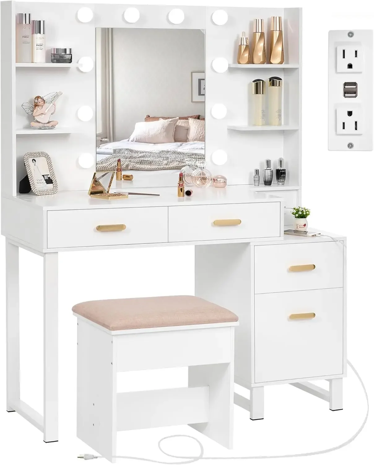 Makeup Vanity Desk Vanity Set with 10 LED Bulbs Lighted Mirror Makeup Table Set with Charging Station Nightstand 3 Colors